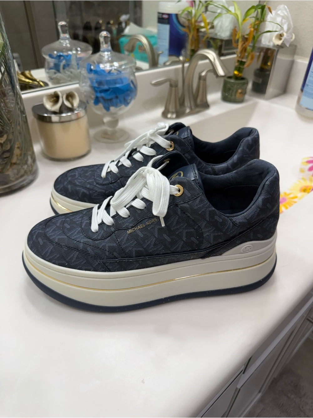 Michael Kors Navy Monogram Platform Sneakers with White Laces
